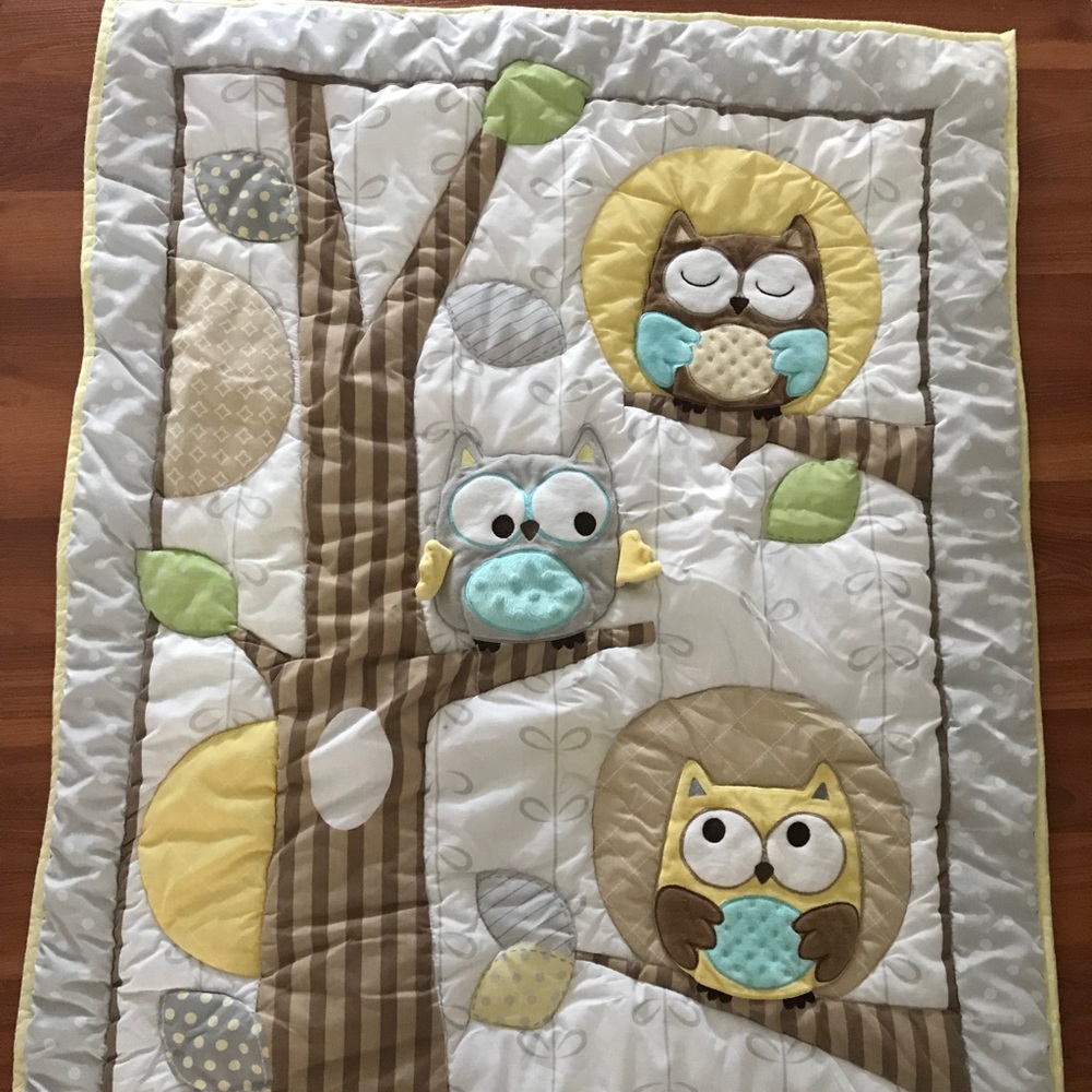 Owl aqua yellow gray baby blanket
